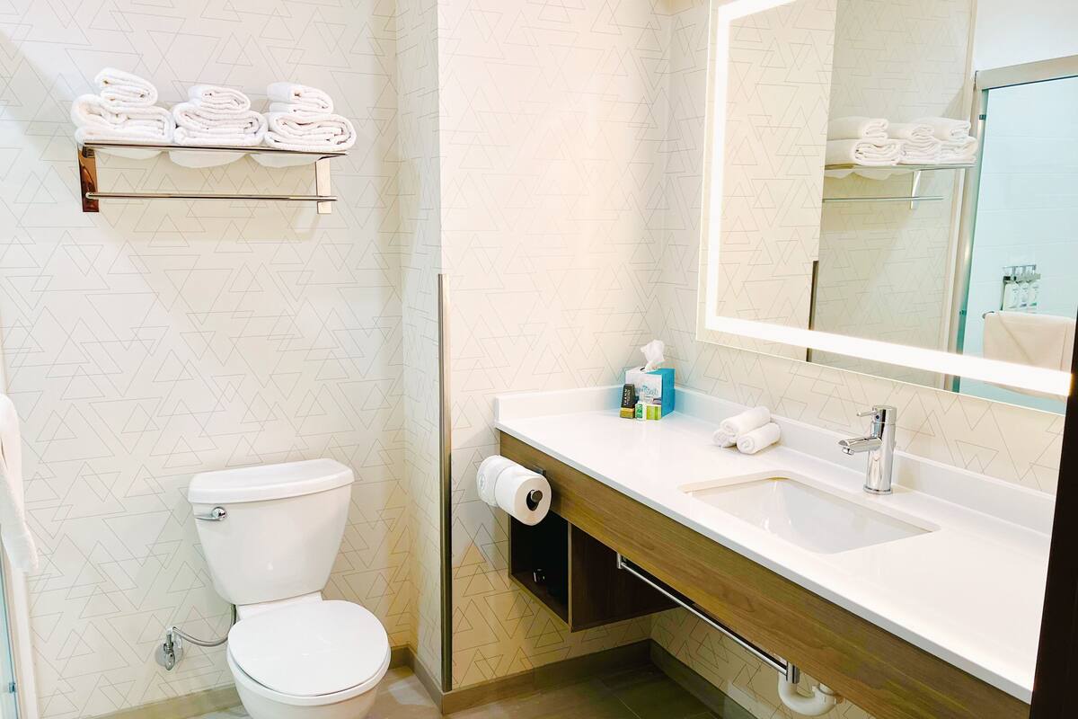 A modern bathroom with a toilet, a sink, and a mirror.