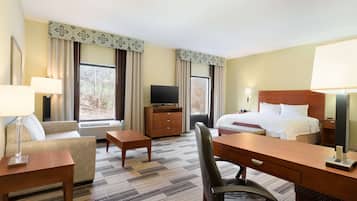 A hotel room with a bed, a desk, a chair, a TV, and a sofa.