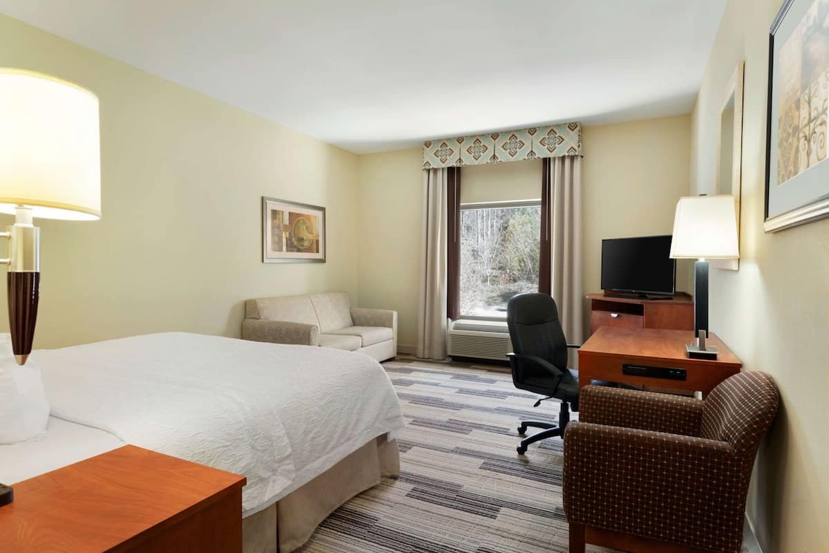 A hotel room with a bed, a desk with a chair, a television, and a window with curtains.