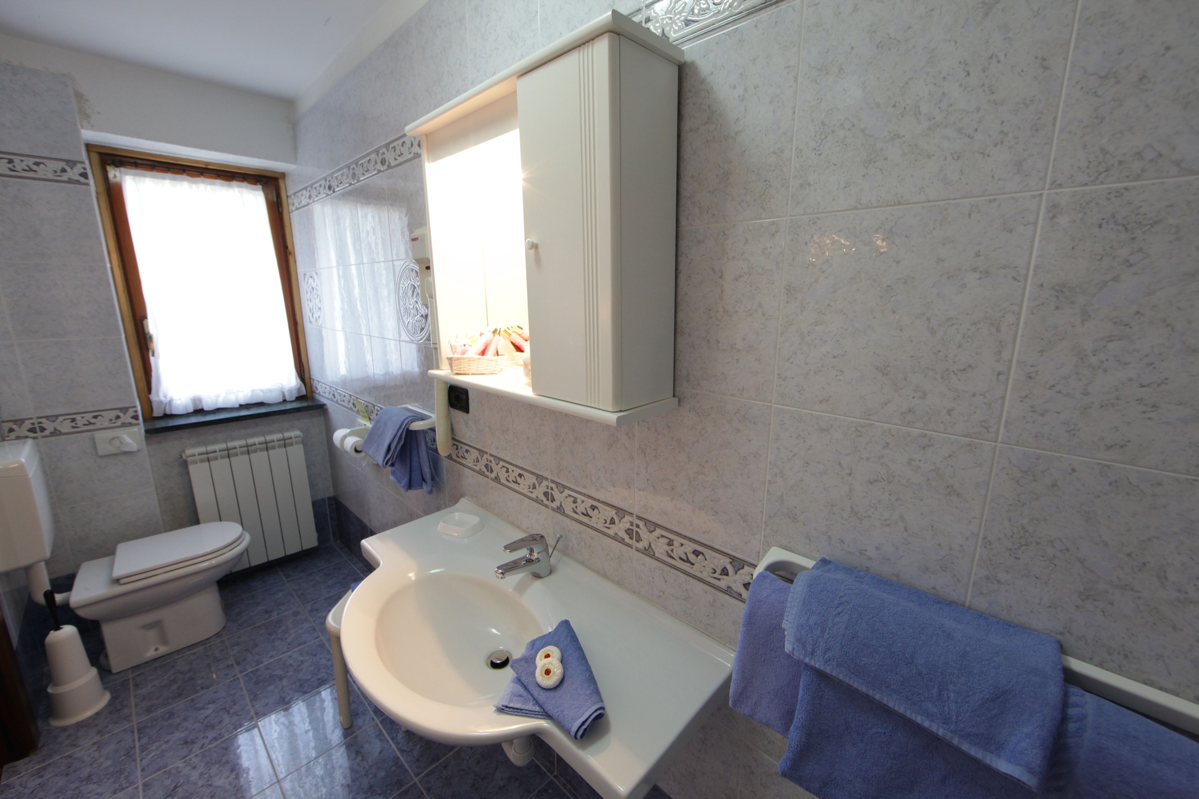 Un bagno con il water, un lavandino e un armadietto.