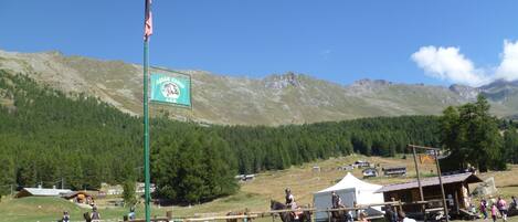A rural setting with a sign for Green Ranch A.B.D., a fenced area with horses, and a mountainous backdrop.