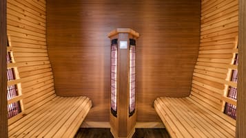 A sauna with wooden benches and a central heating unit.
