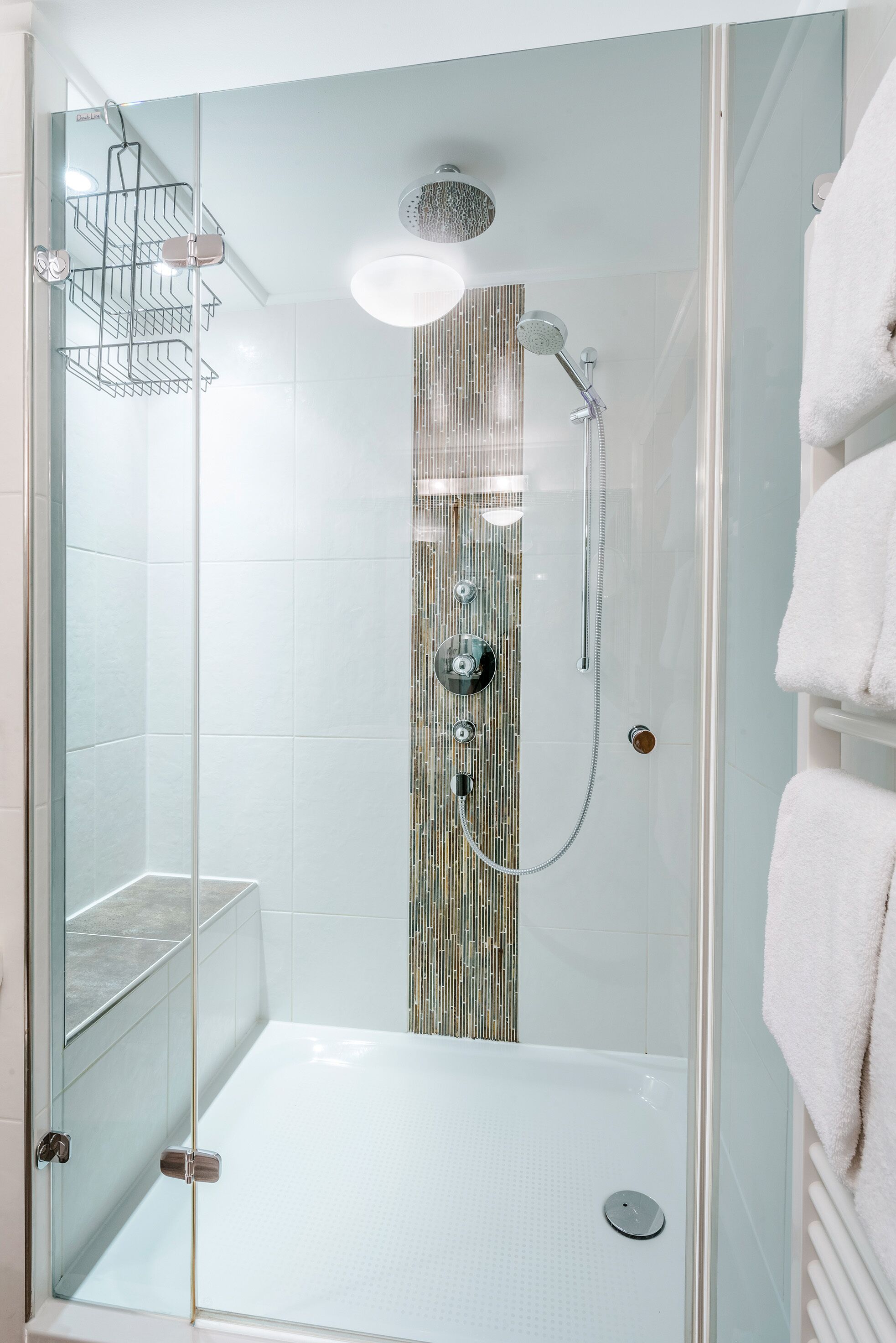 A glass-enclosed shower room with a glass door, a showerhead, a handheld shower, and a towel rack with towels.
