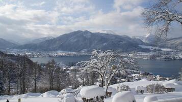 A snow-covered landscape with mountains, a lake, and a town in the background.