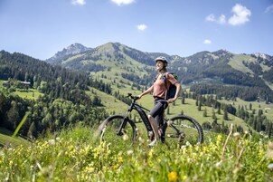 Uma pessoa ao lado de uma bicicleta de montanha numa colina gramada, com uma paisagem montanhosa ao fundo.