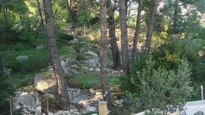 A wooden bridge leading into a forested area with a stone wall and a small garden with white flowers. - Apartments Ivana (Baska Voda)