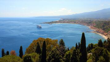 A coastal town with a large body of water, a cruise ship, and a mountainous backdrop.