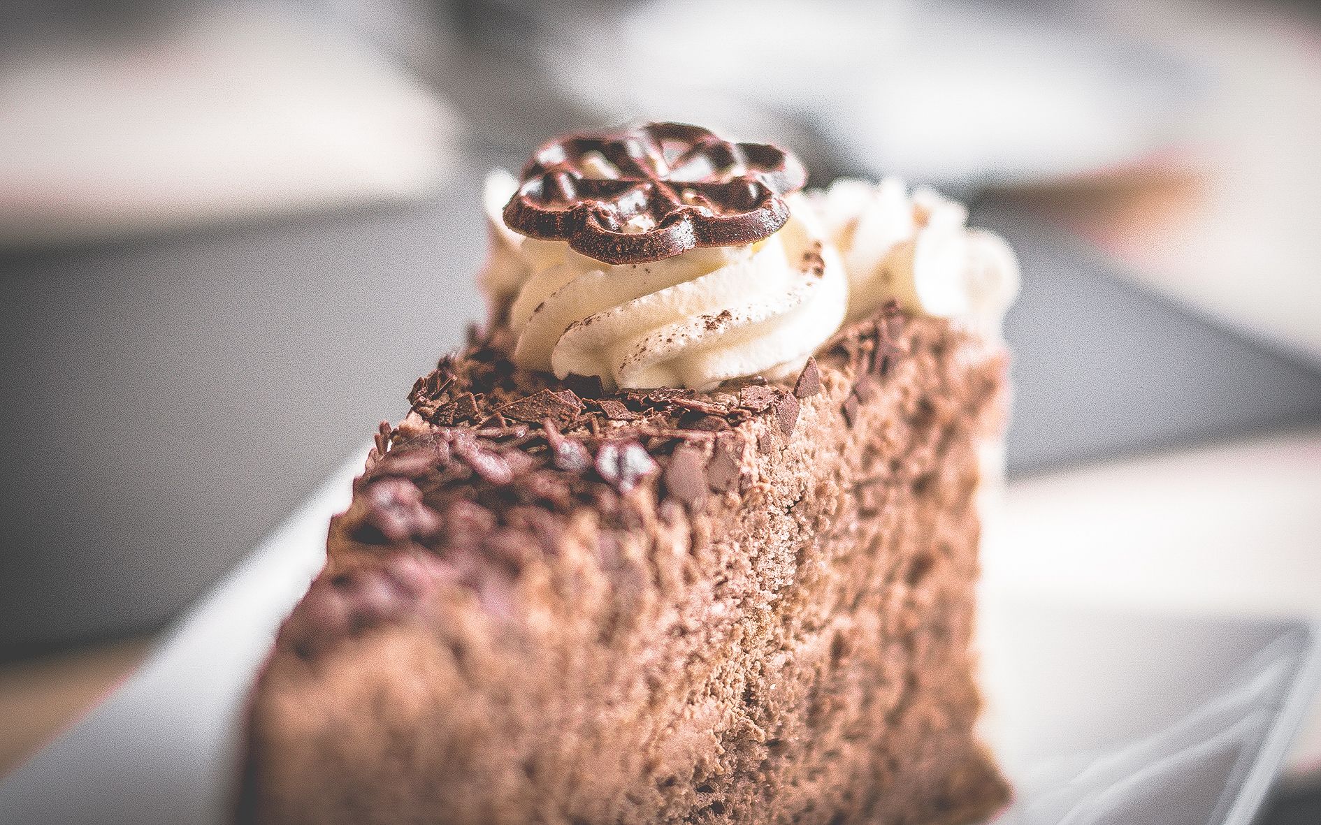 A close-up of a chocolate dessert with whipped cream and chocolate shavings on top.