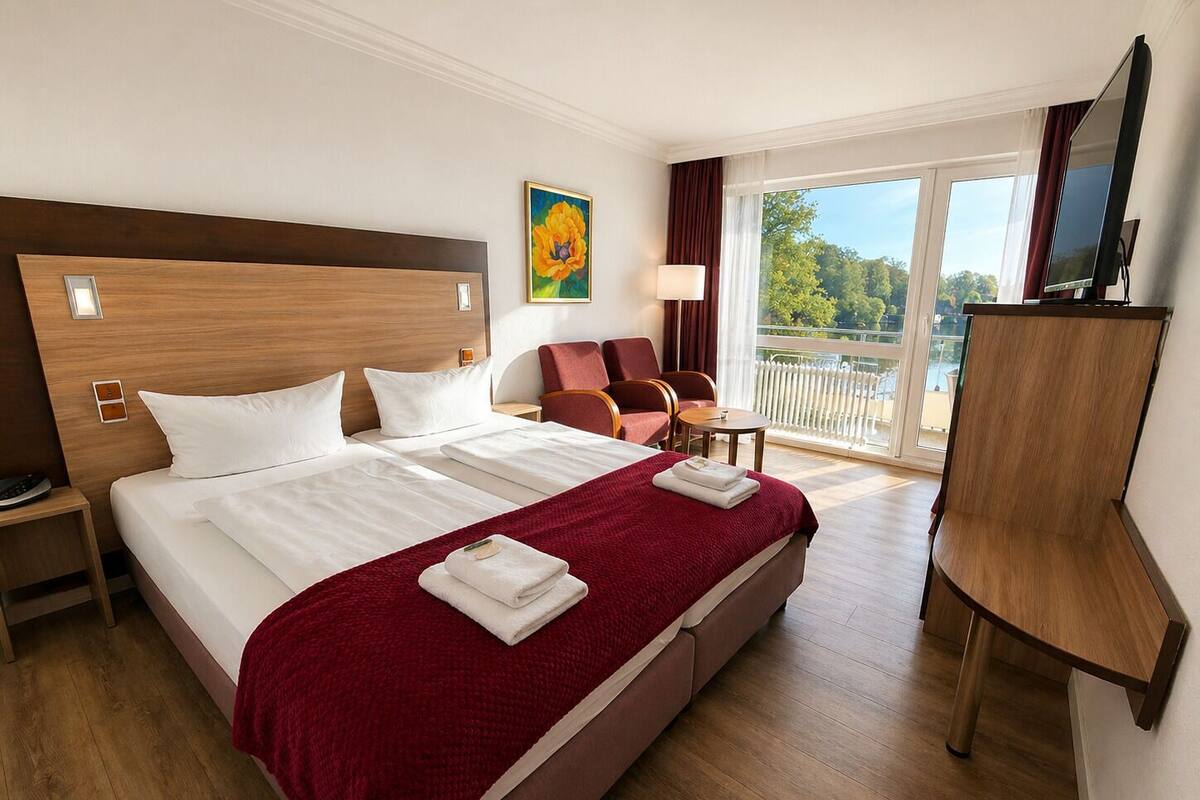 Quarto de hotel com uma cama grande, uma escrivaninha, uma cadeira, televisão e varanda com vista.