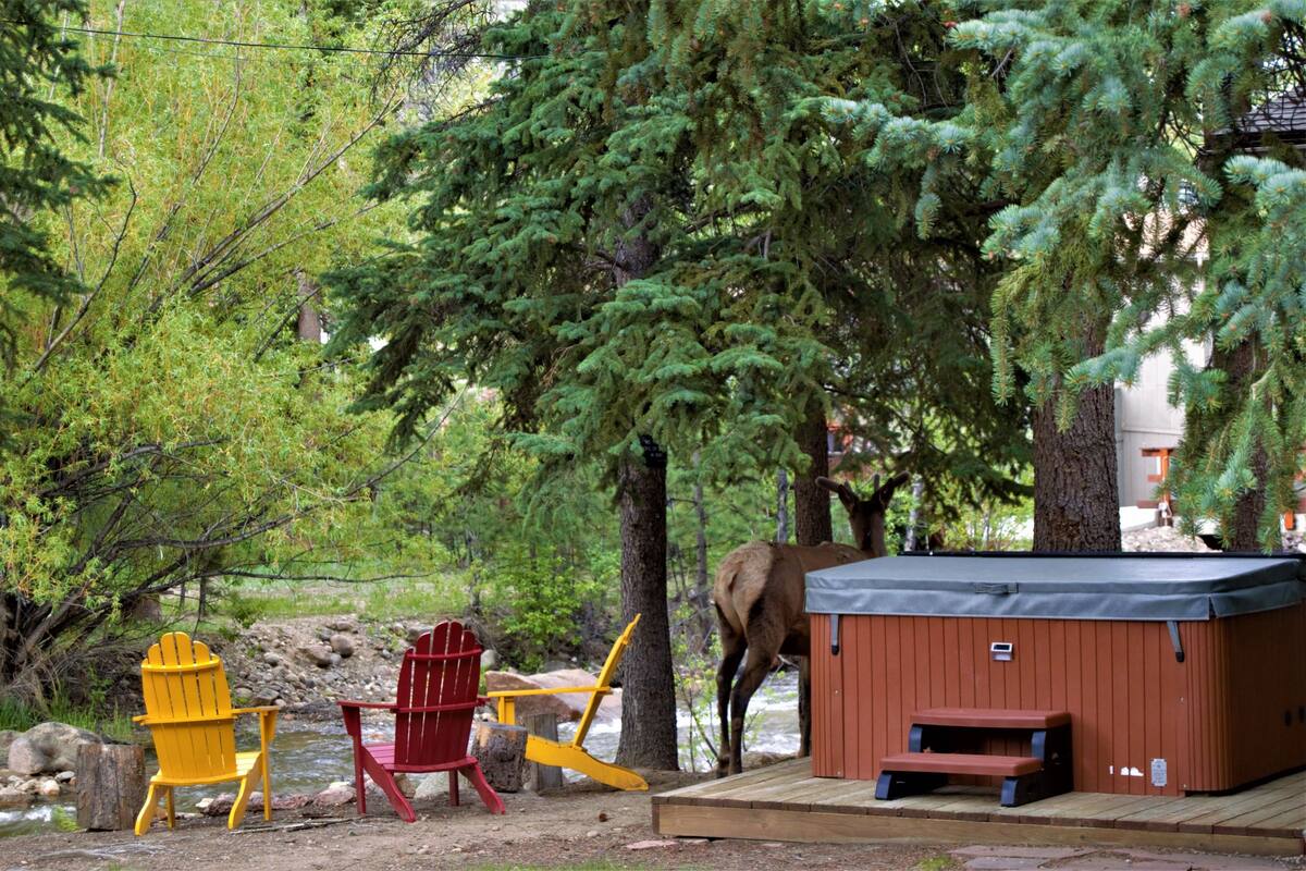 Une cabane avec un bain à remous, une table de pique-nique et deux chaises Adirondack.