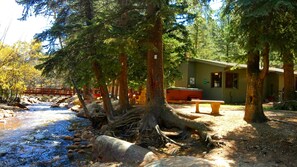 Una cabaña junto al río con un banco y una mesa de picnic, rodeada de árboles y un puente de madera.