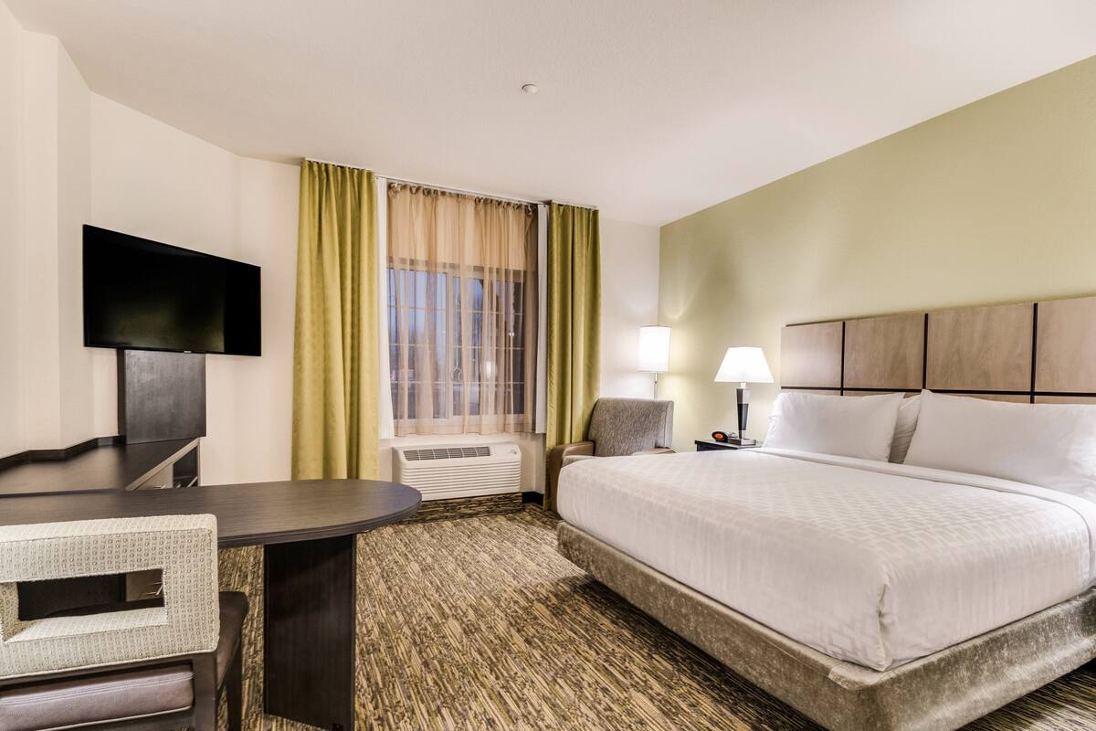 Habitación de hotel con cama, escritorio, televisor de pantalla plana, lámpara y ventana con cortinas.