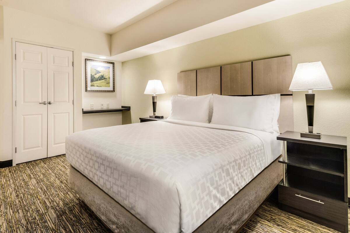 Una habitación de hotel con una cama grande, dos mesitas de noche con lámparas, un cabecero de madera, un cuadro enmarcado en la pared y una puerta.