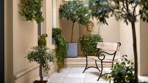A narrow courtyard with a bench, potted plants, and a parrot.
