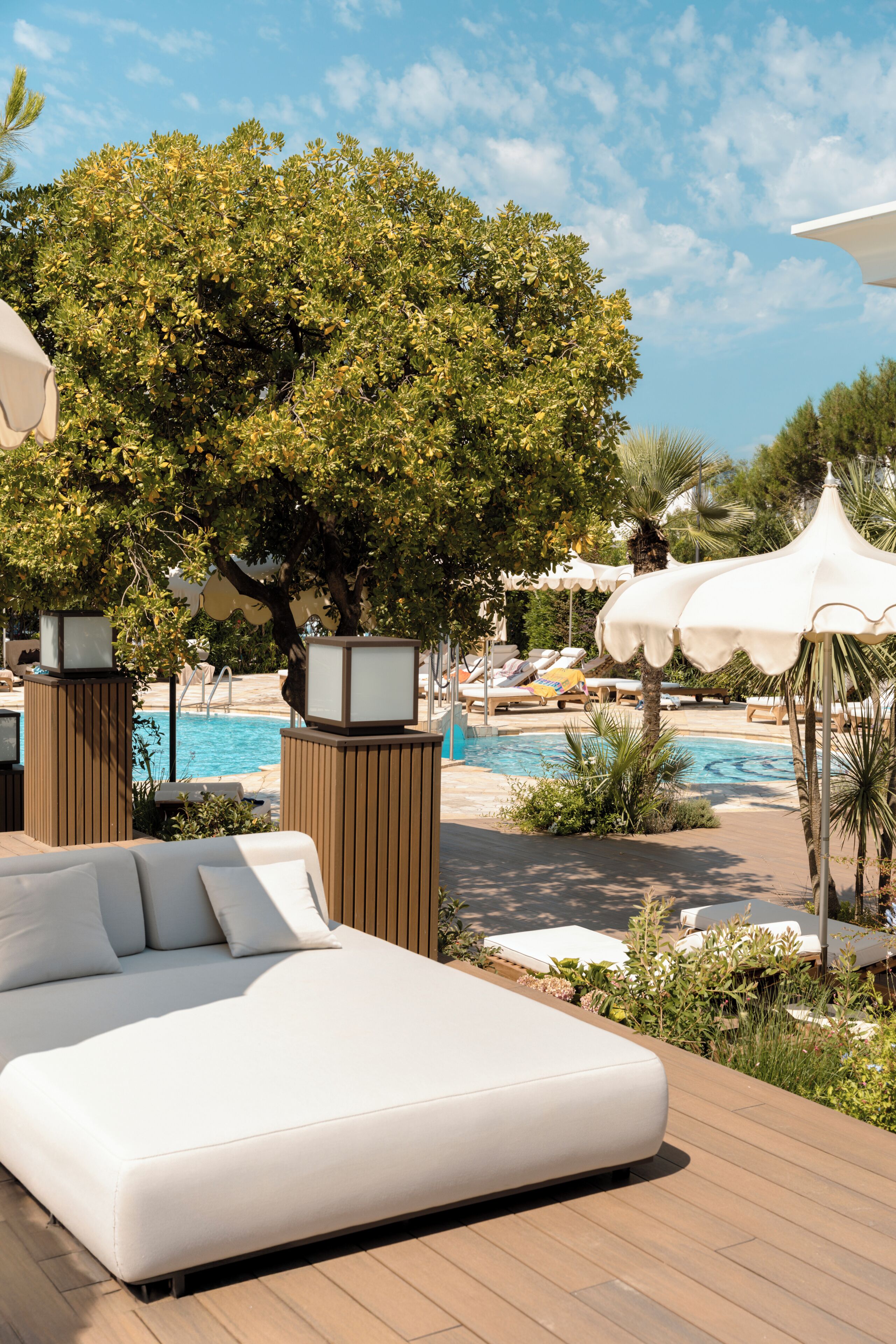 Outdoor pool, pool umbrellas, pool loungers