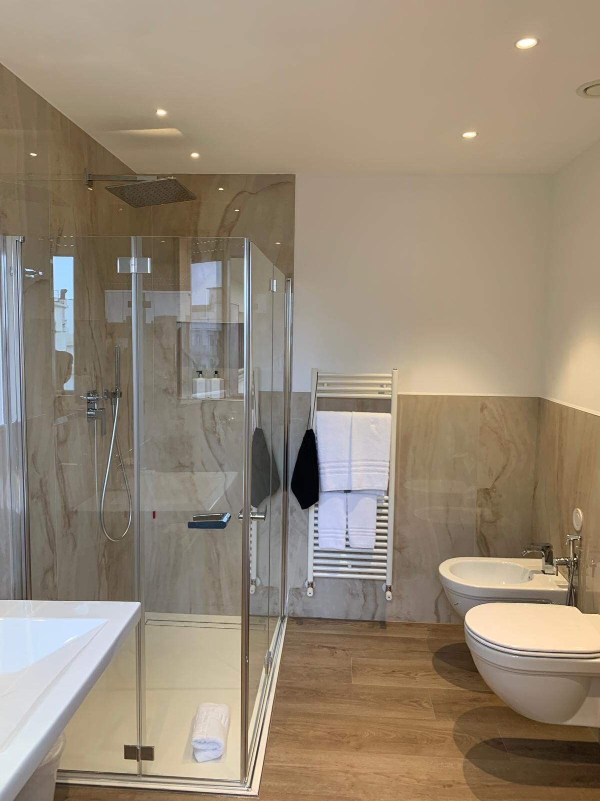 hair dryer, bidet, towels