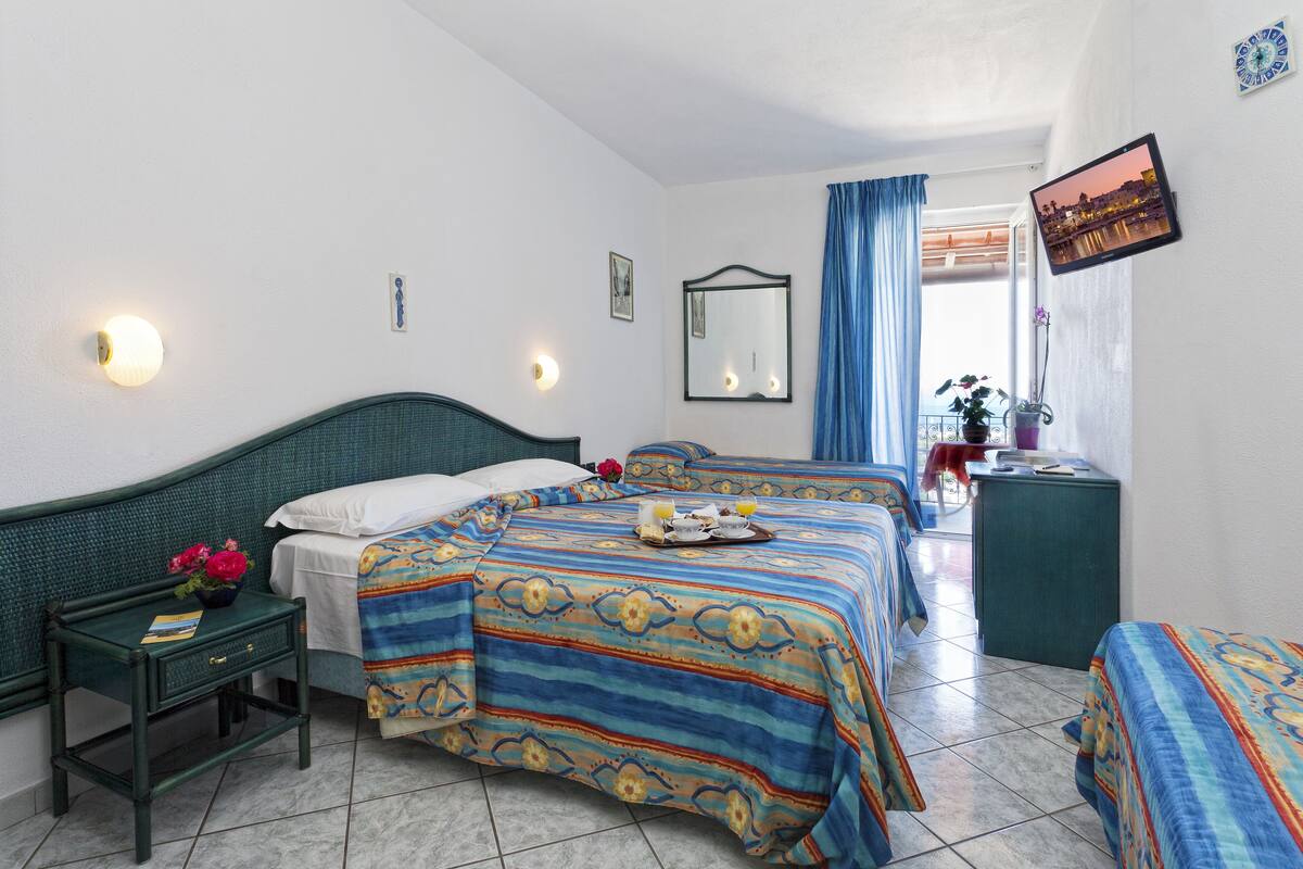 A hotel room with two beds, a small table with a plant, a mirror, and a TV on the wall.