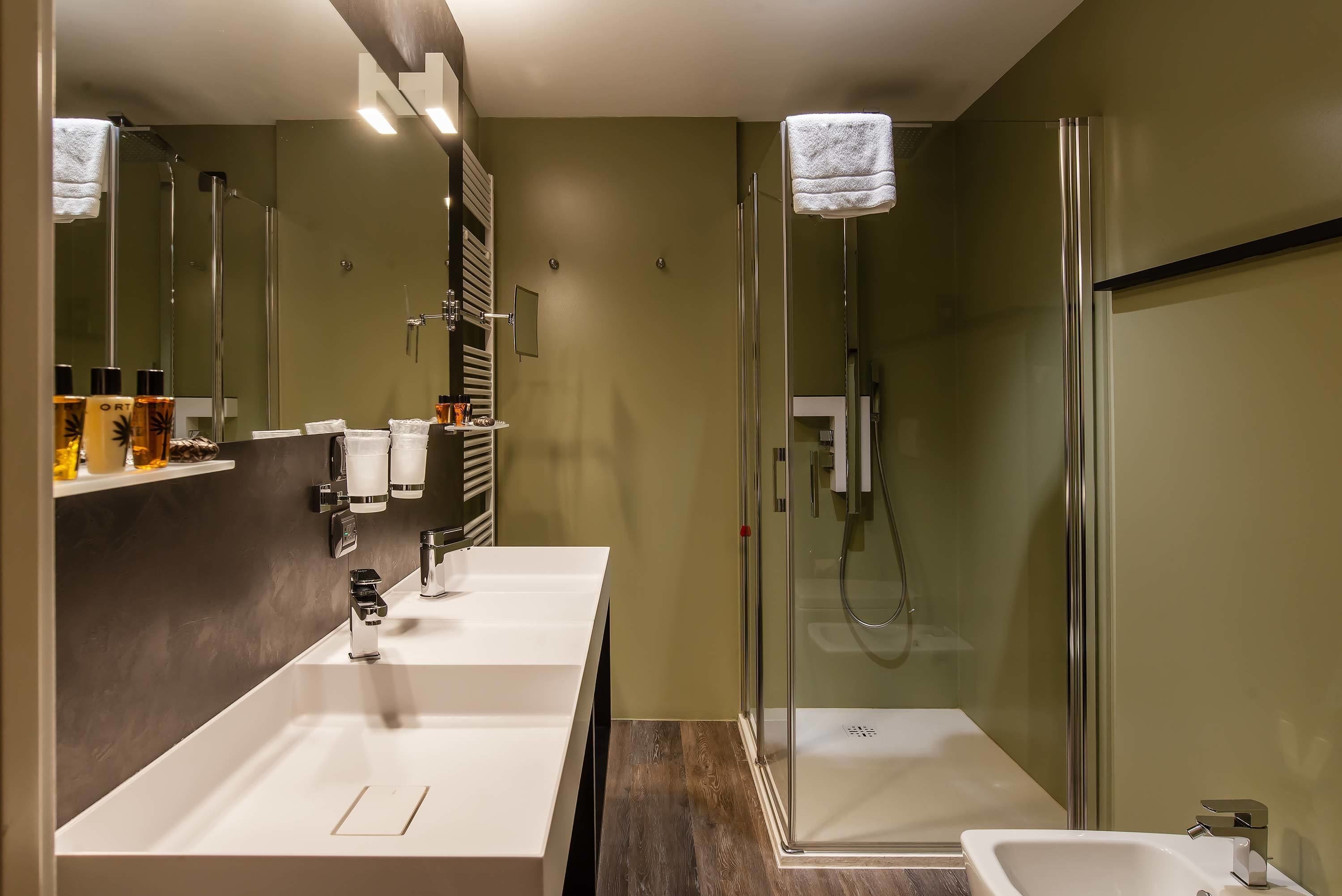 A modern bathroom with two sinks, a glass shower enclosure, and a mirror.