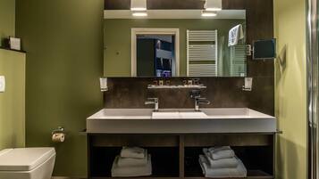 A modern bathroom with a large sink, a toilet, and a mirror.