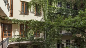 Un immeuble à plusieurs étages, doté de balcons, dont certains sont recouverts de lierre, et d’un escalier menant aux étages supérieurs.
