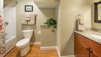 A bathroom with a toilet, a shower, a sink, and a vanity.