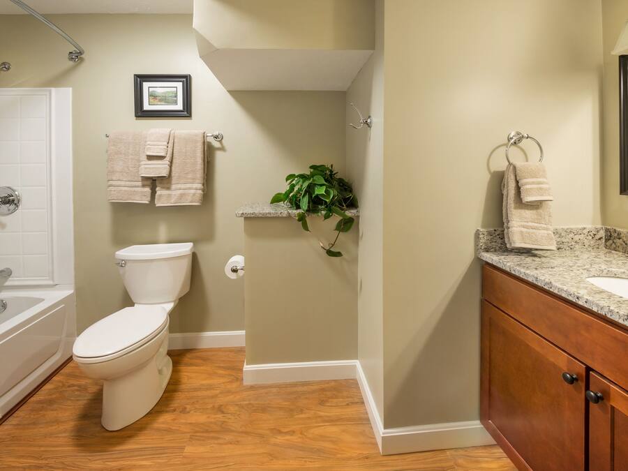A bathroom with a toilet, a shower, a sink, and a vanity.