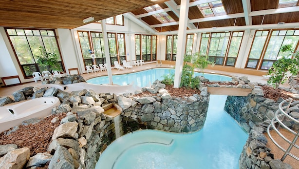 Piscina interior com hidromassagem, rodeada por paredes de pedra e plantas, e grandes janelas com vista para o exterior.
