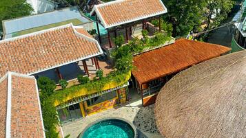 Outdoor pool, pool umbrellas, pool loungers