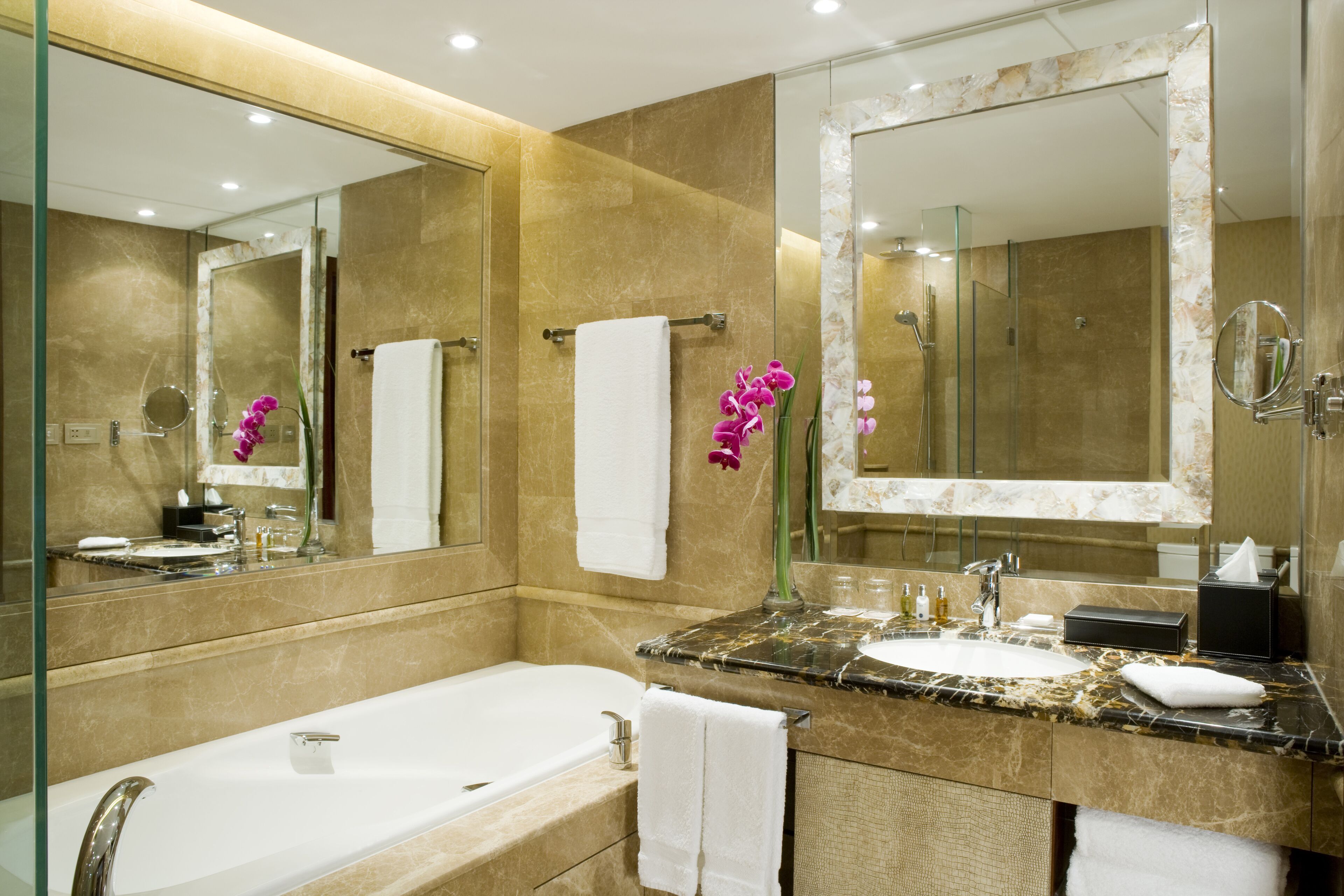 separate bathtub and shower, free toiletries, hair dryer, dressing gowns