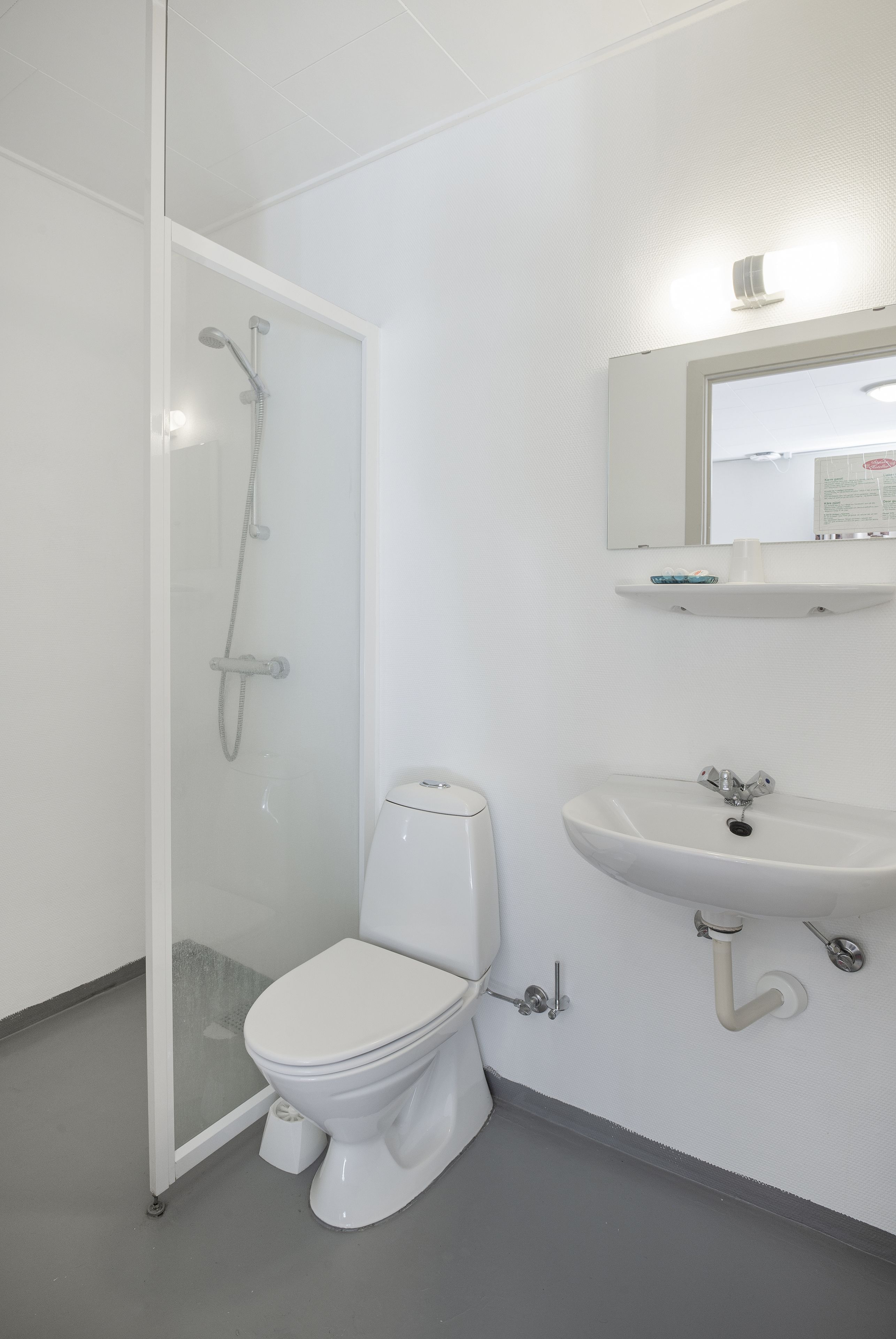 A bathroom with a toilet, a sink, and a shower.