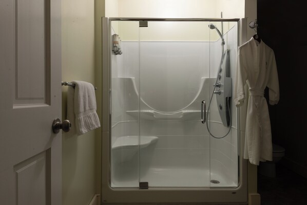 A glass-enclosed shower with a handheld showerhead and a handheld faucet.