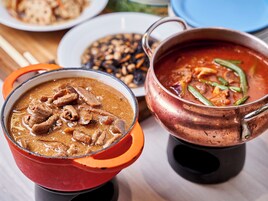 Dos tazones de sopa, uno con carne y verduras en un tazón rojo y otro en uno de cobre.