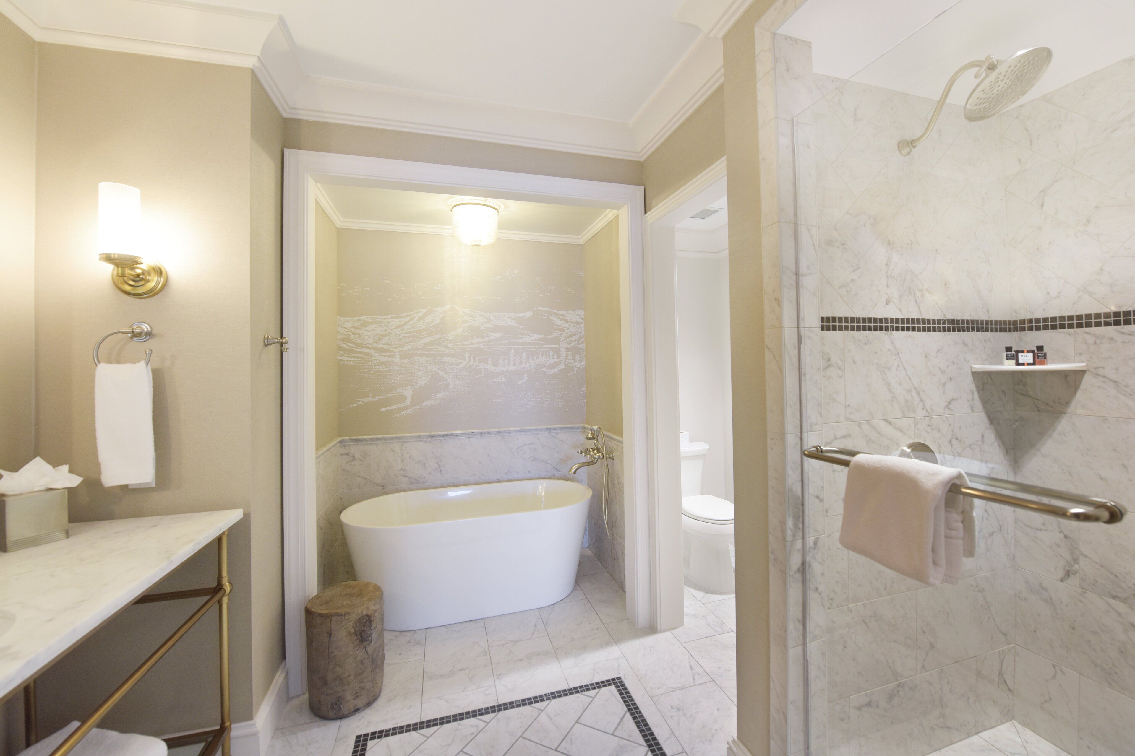 A bathroom with a bathtub, toilet, and shower.