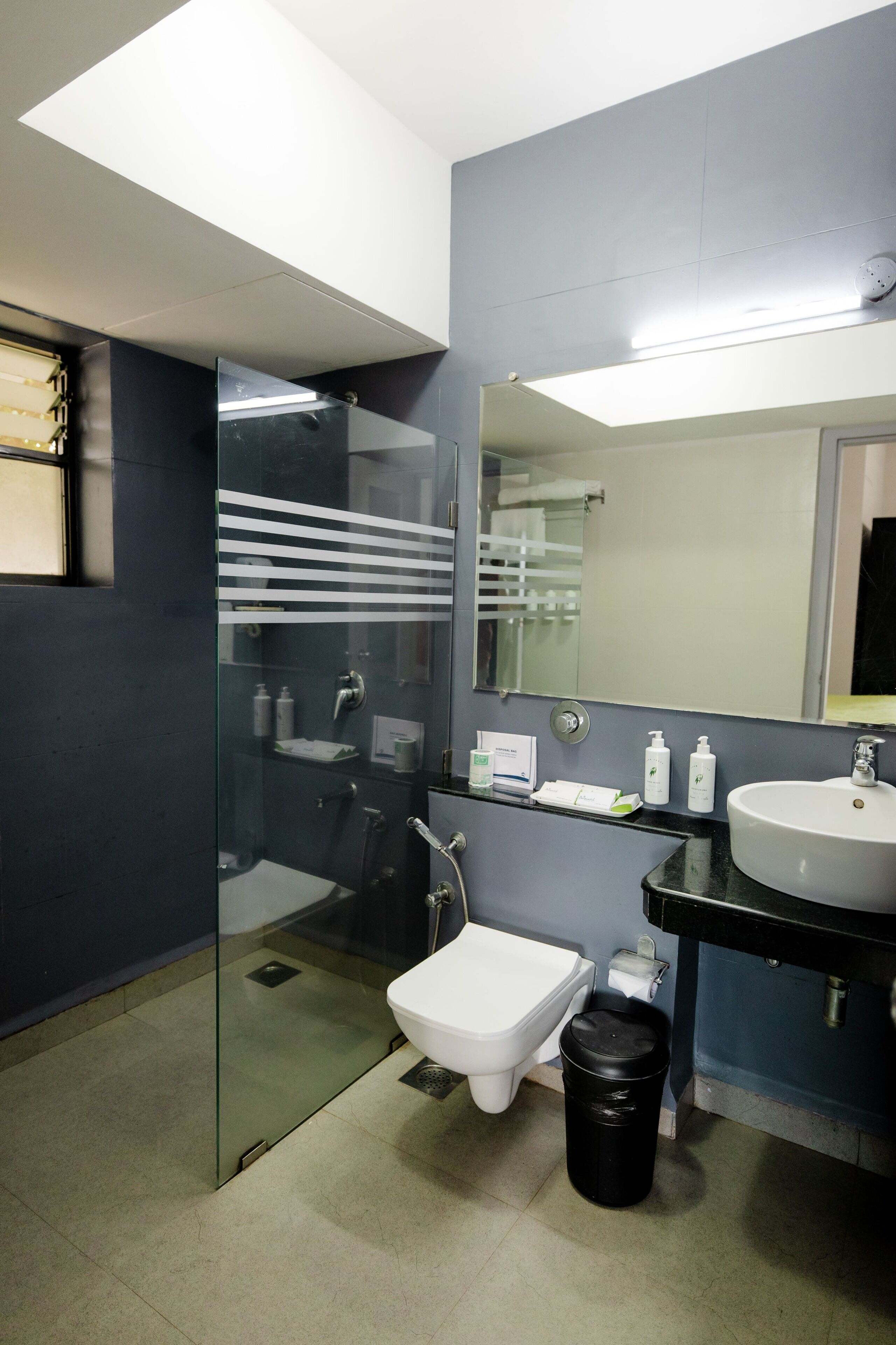 A modern bathroom with a glass-enclosed shower, a white toilet, a sink with a mirror above, and a black trash bin.