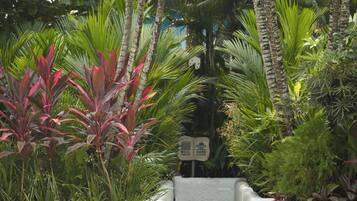 A woman relaxing by a pool surrounded by tropical plants.