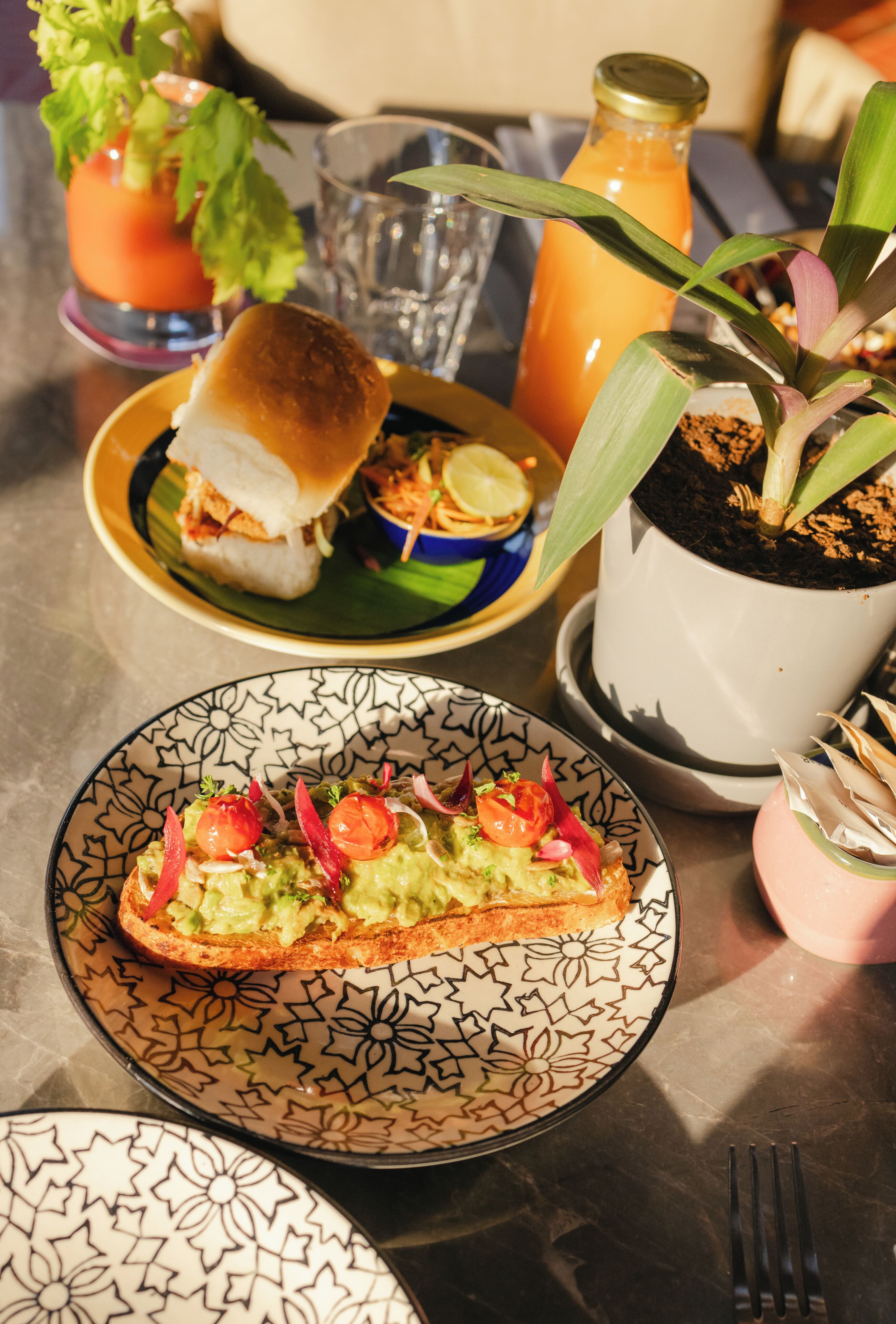 A table with a sandwich, a bowl of salad, a glass of juice, and a potted plant.
