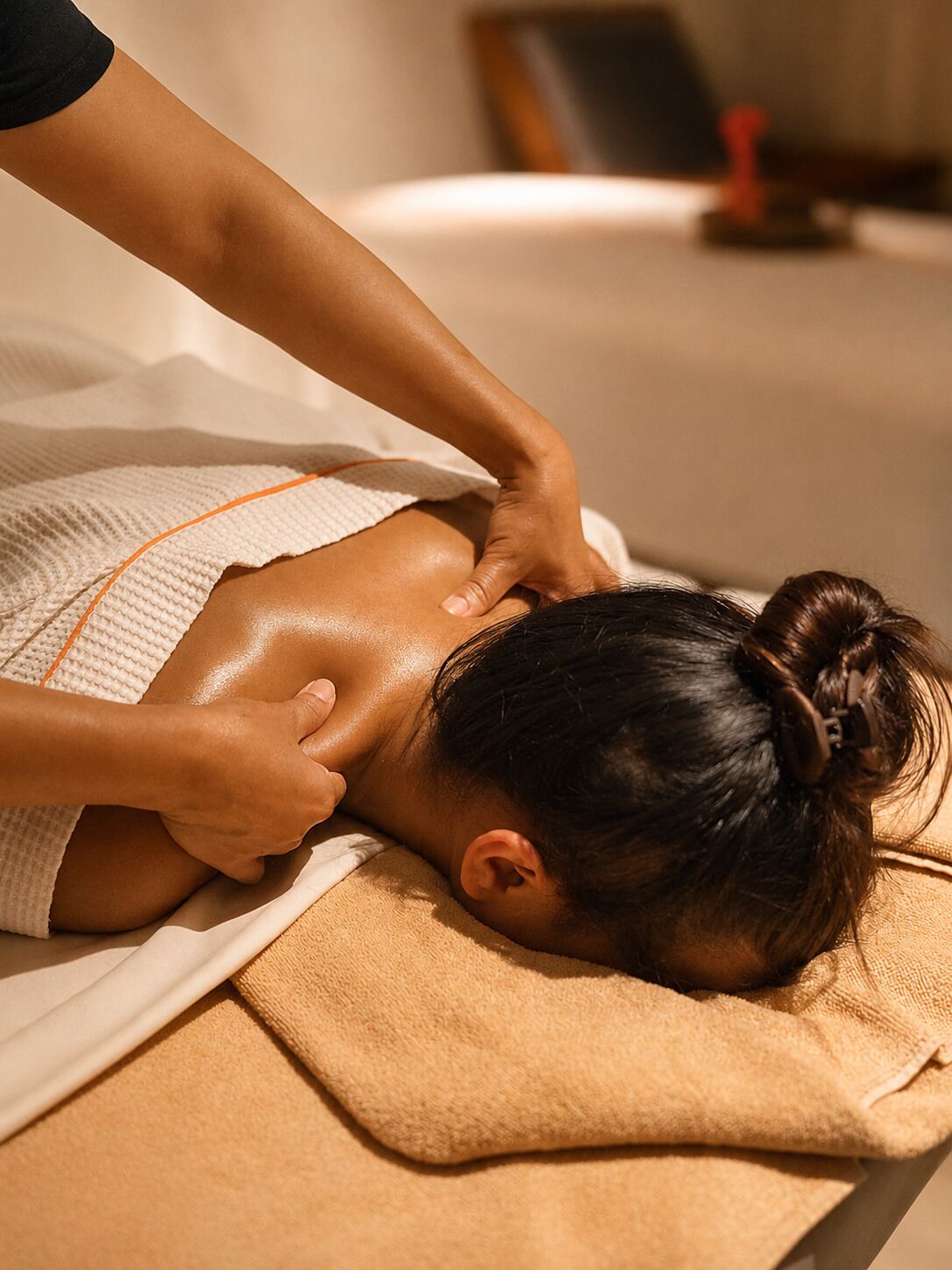 A person receiving a massage on a massage table with a towel and a blanket.