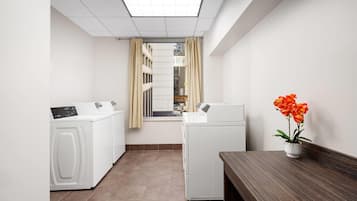 A laundry room with two white washers and dryers, a window with curtains, and a wooden bench with a potted plant.