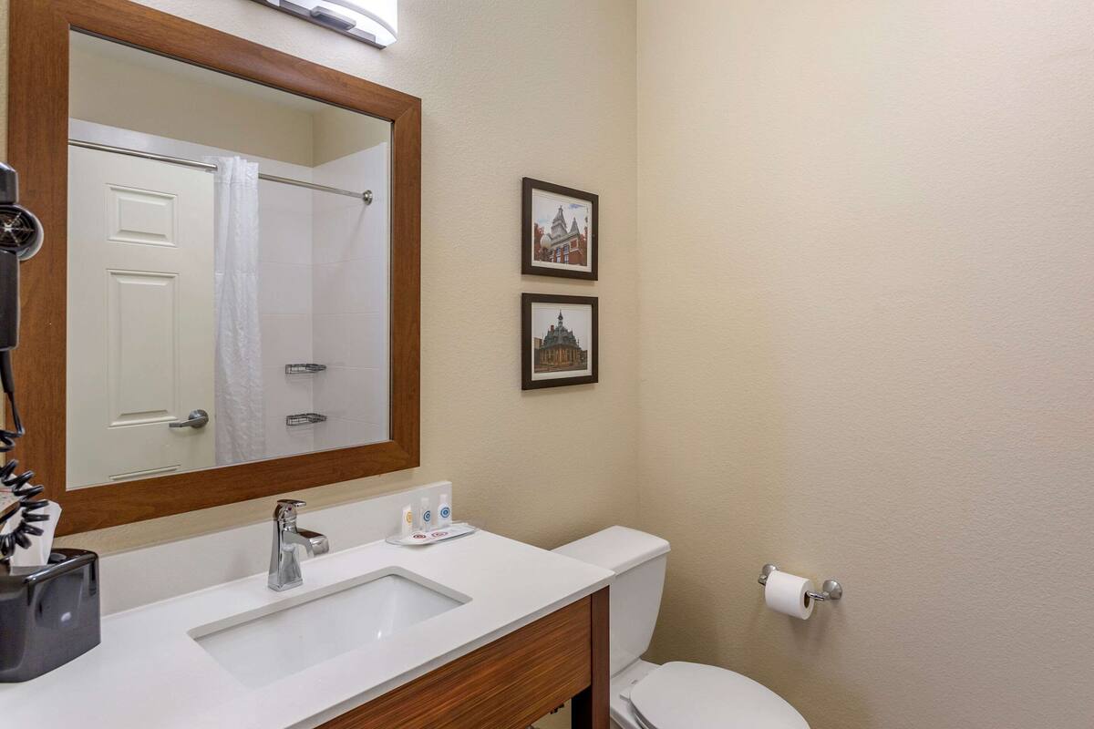 A bathroom with a white sink, a mirror, a toilet, and two framed pictures on the wall.