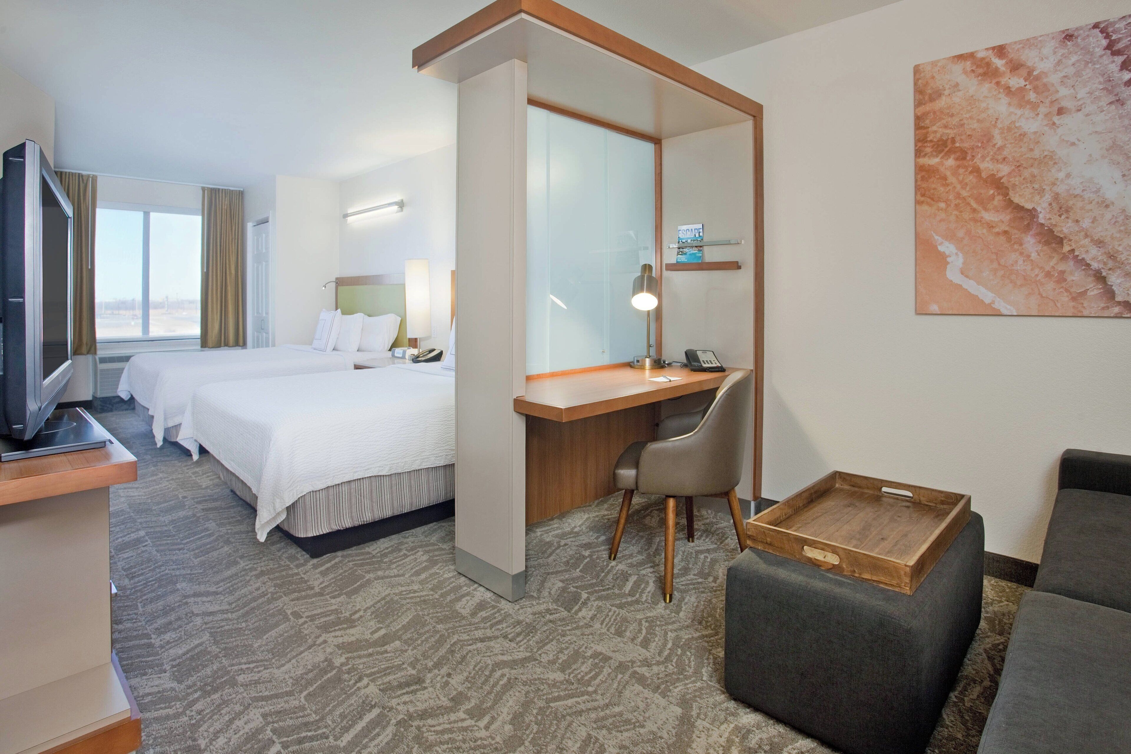 hypo-allergenic bedding, desk, laptop workspace, iron/ironing board