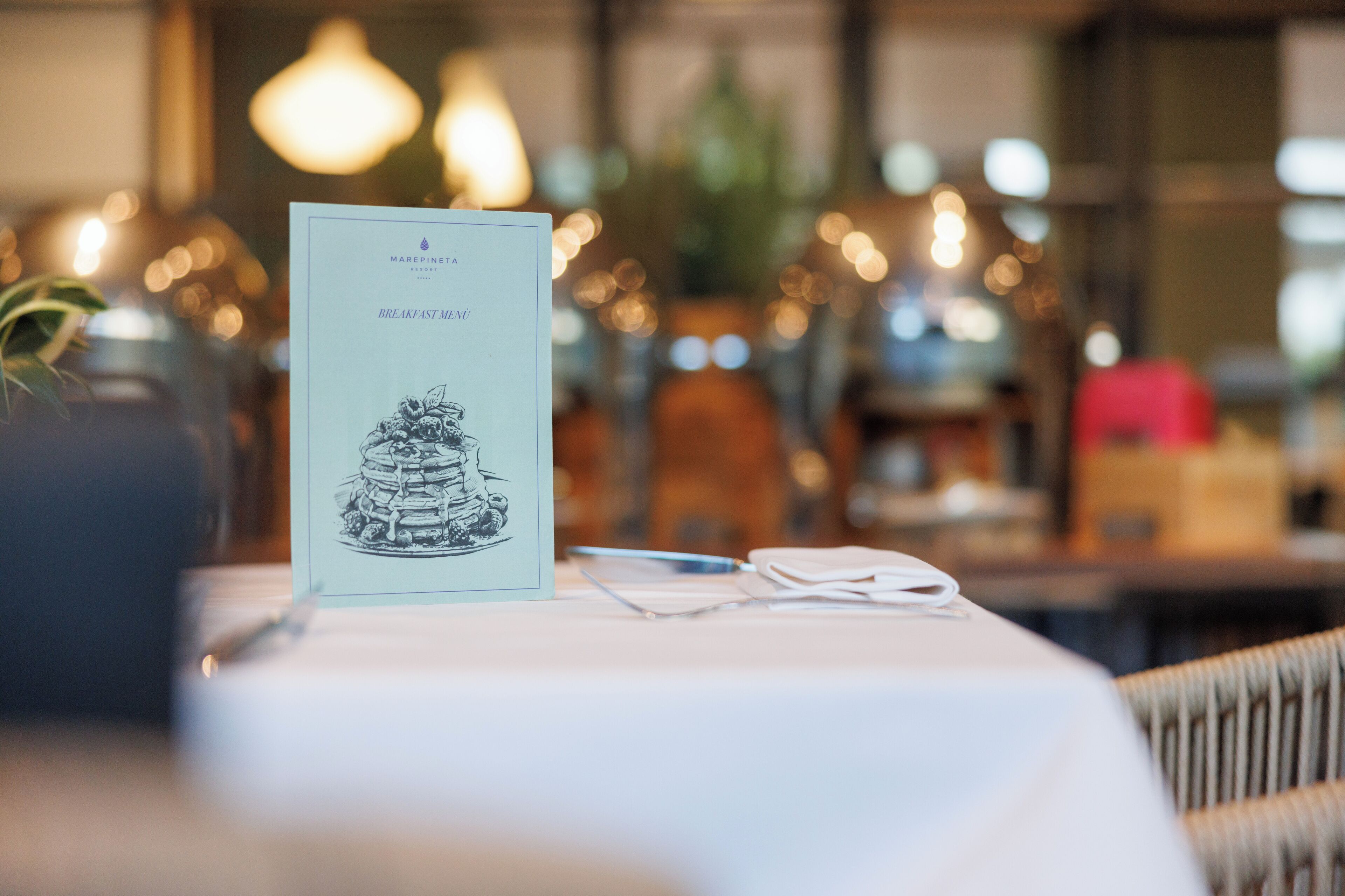 A menu on a table with a candle and a plant in the background.