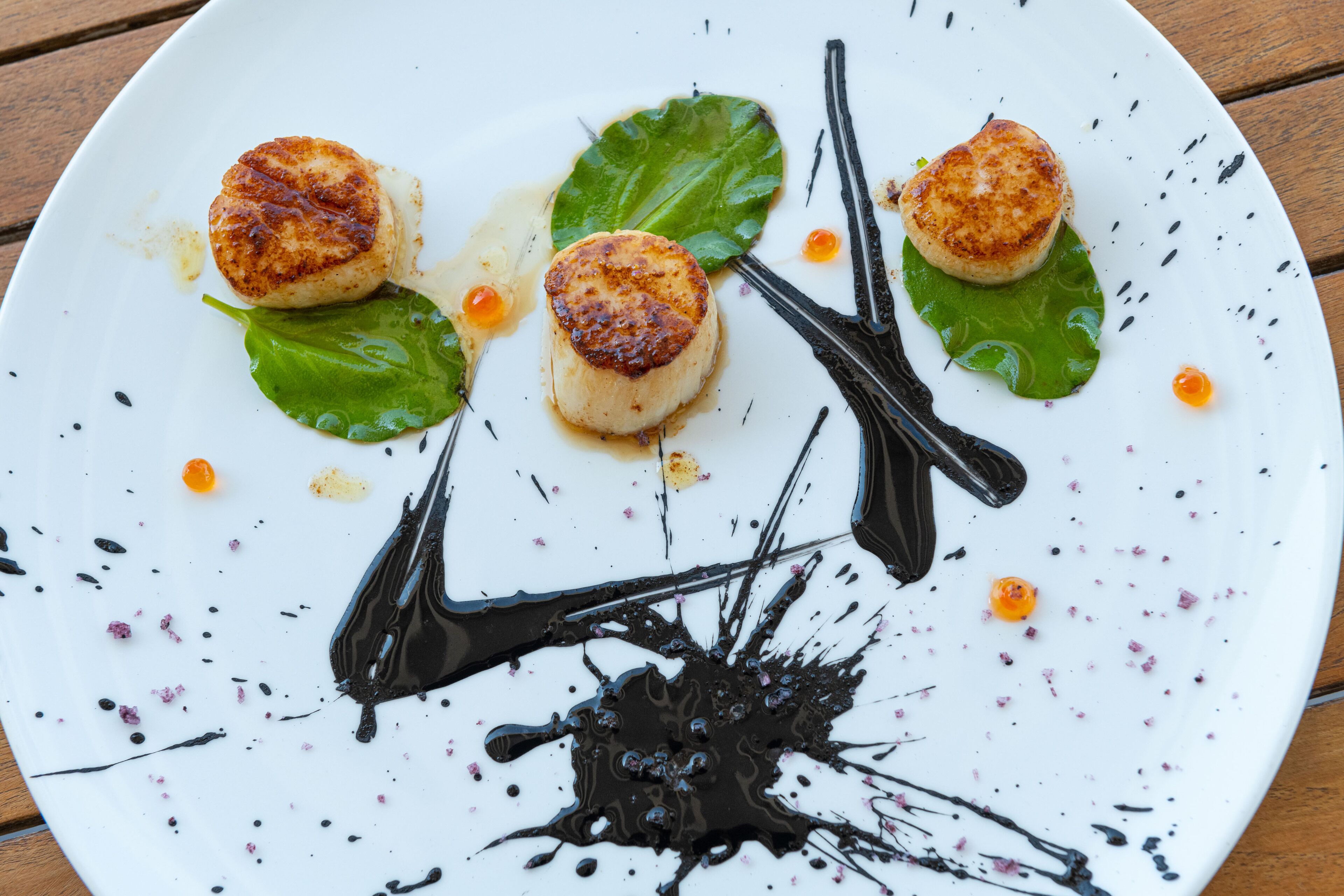 Un plato blanco con tres vieiras, hojas verdes y salpicaduras de salsa negra.