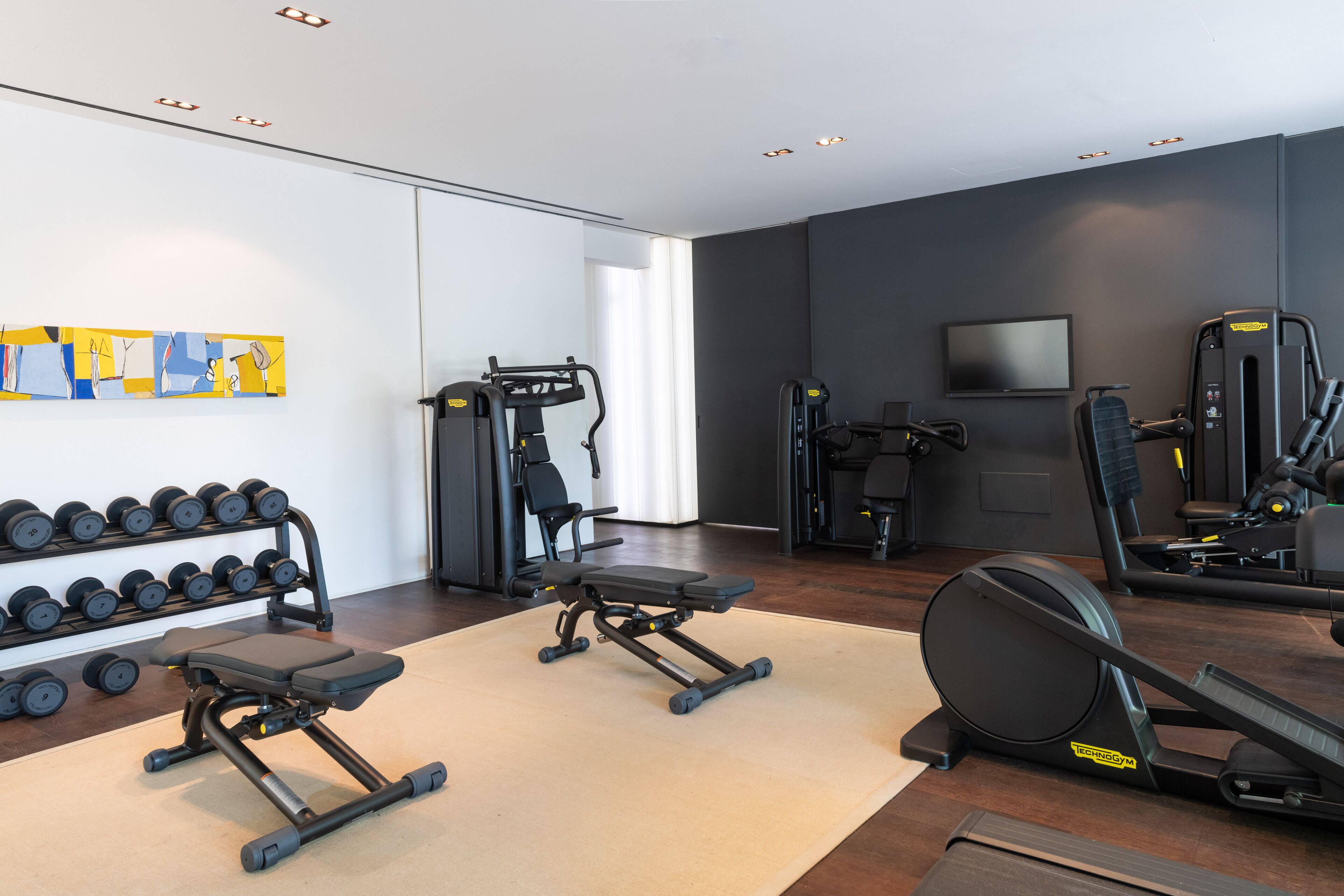 A gym with exercise equipment, a TV, and a wall with artwork.