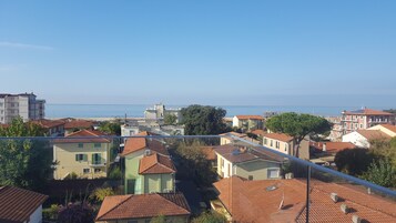 Un barrio residencial con casas de techos de tejas rojizas, un cielo azul despejado y una vista distante del mar.