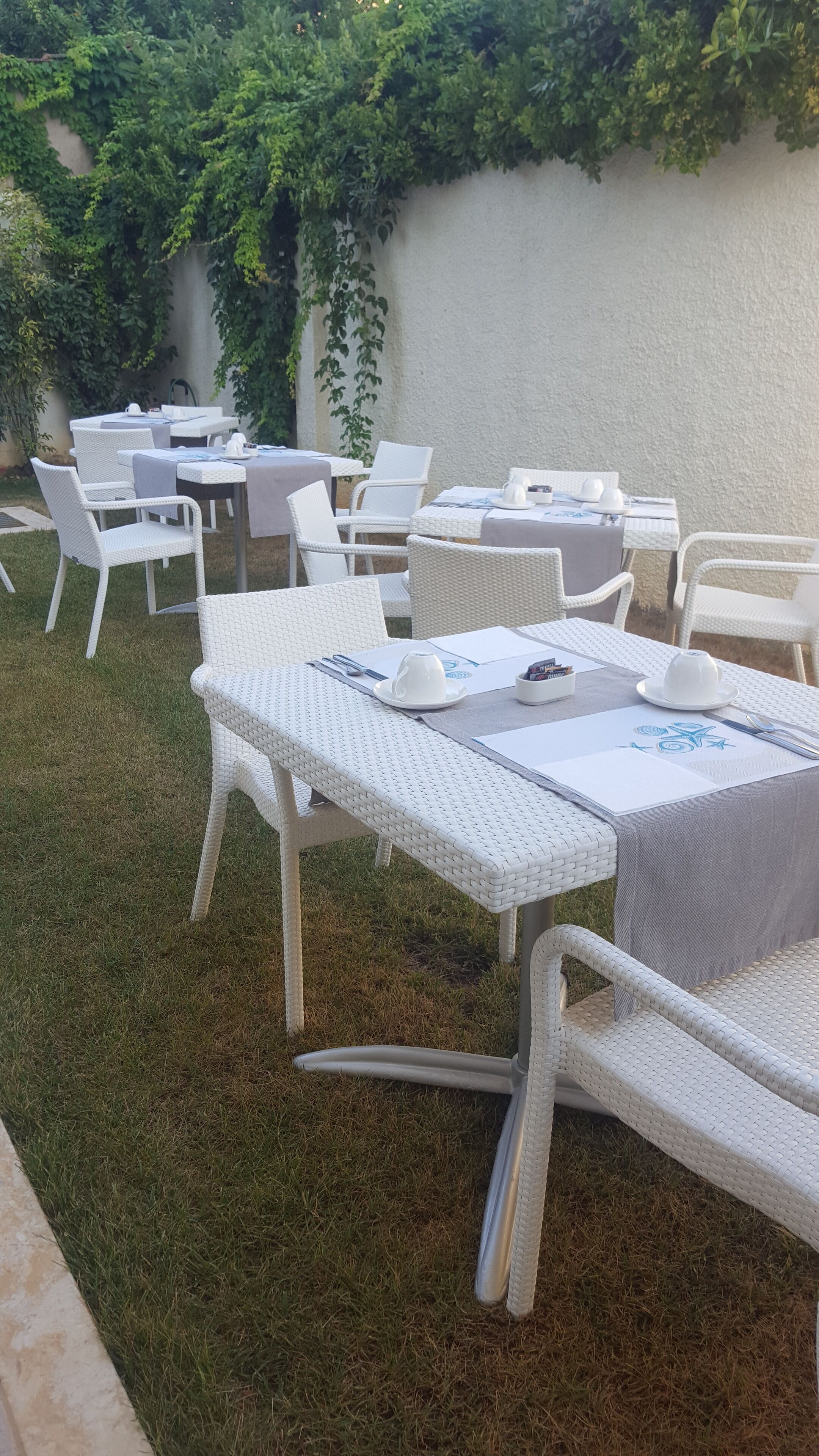 Mesas para comer al aire libre con sillas de mimbre blanco, ubicadas en un césped con un muro blanco y vegetación de fondo.