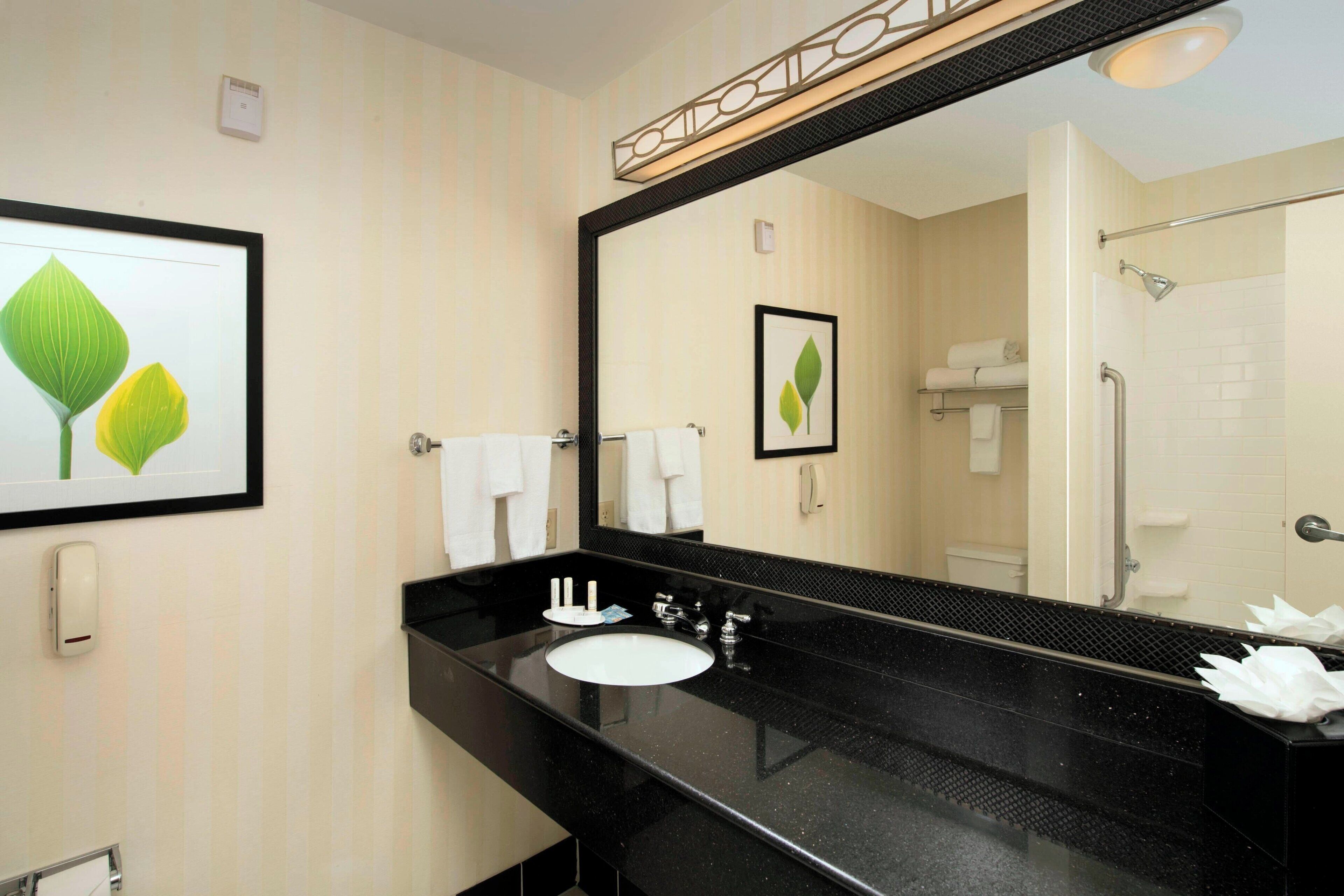 combined shower/bathtub, free toiletries, hair dryer, towels