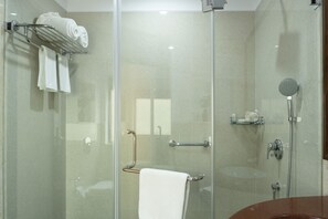 Rainfall showerhead, eco-friendly toiletries, hair dryer, bathrobes