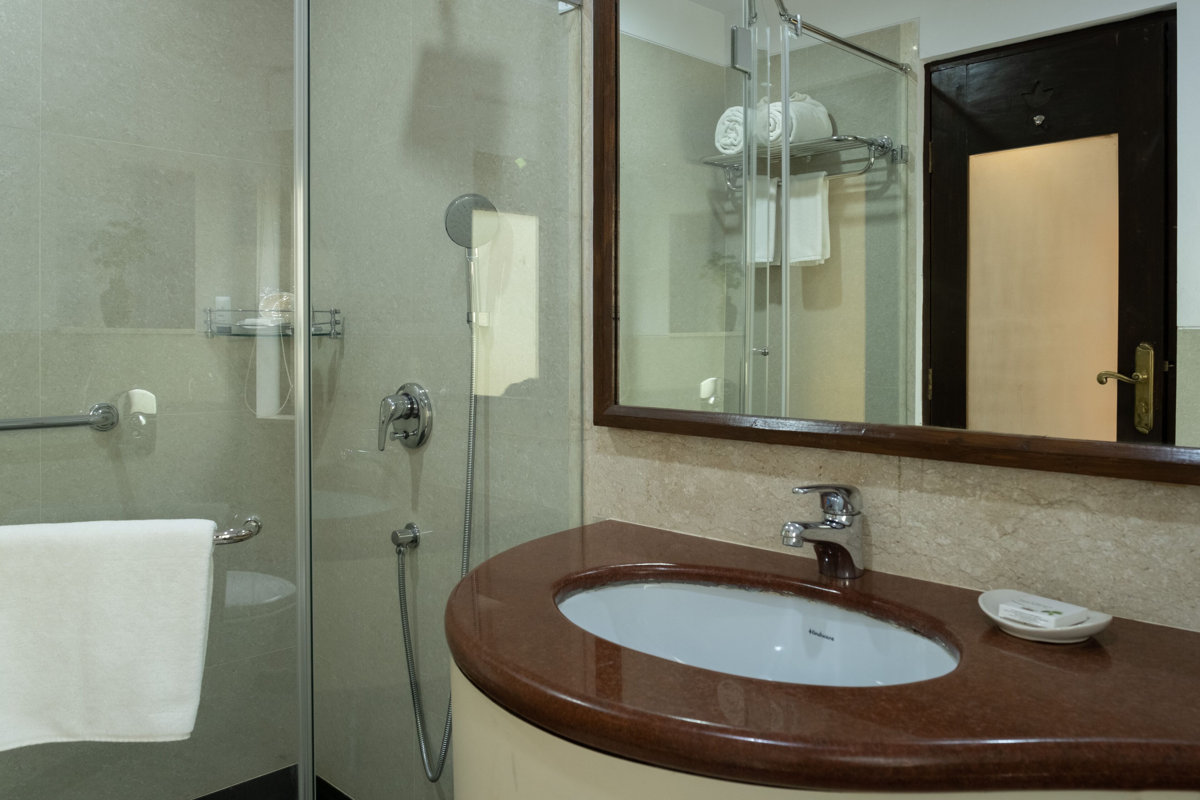 rainfall showerhead, eco-friendly toiletries, hair dryer, bathrobes