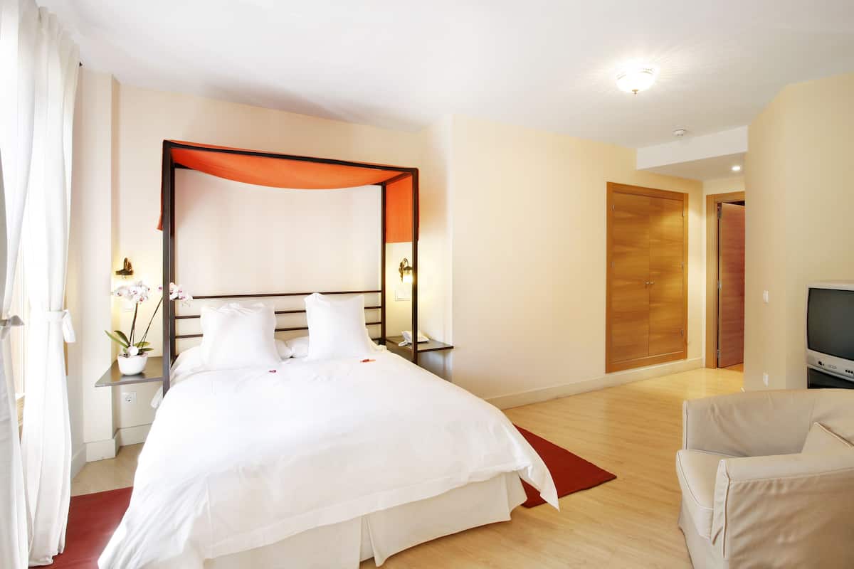 A hotel room with a large bed, a TV, a chair, and a wardrobe.