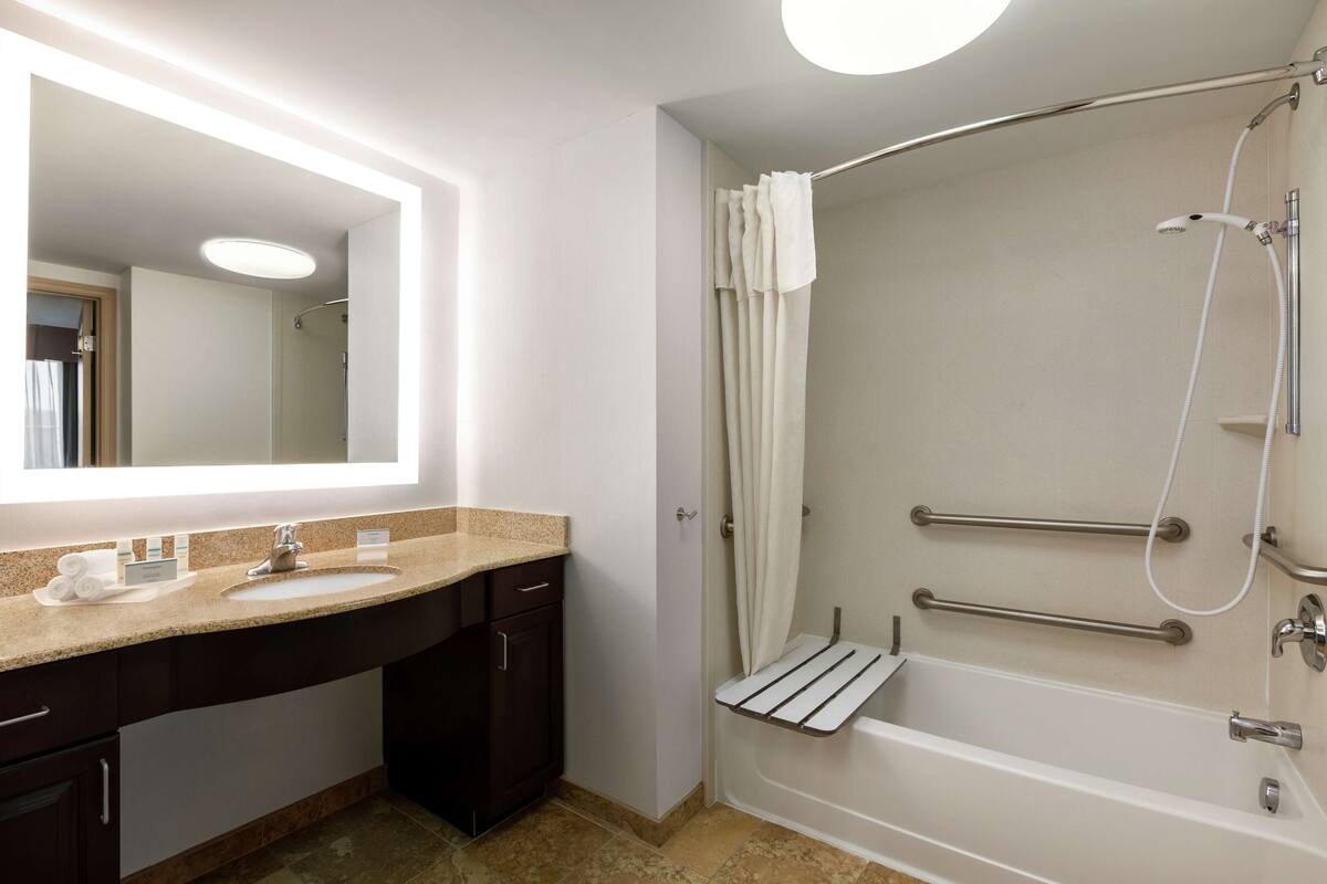 combined shower/bathtub, designer toiletries, hair dryer, towels